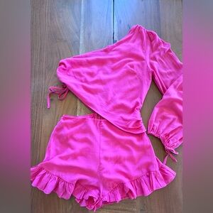 DO+BE One Shoulder Ruffle Hot Pink Romper